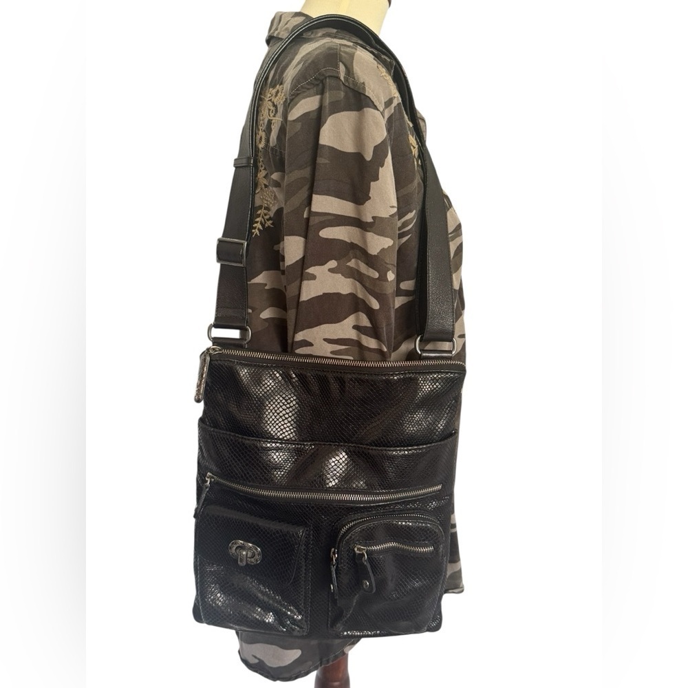 Brighton Black Leather Faux Snake Skin Multi Compartment Crossbody Shoulder Bag